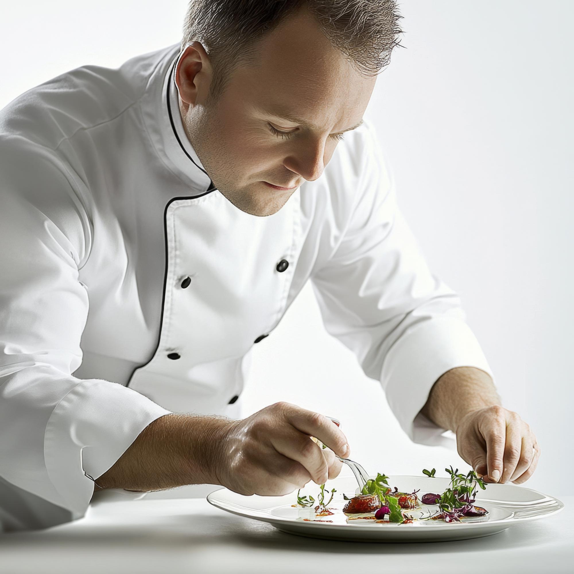 Bucătarul pregătind farfurie cu plating modern